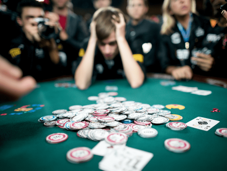 A distressed poker player holds his head in his hands while sitting at a green poker table covered in a massive pile of tournament chips, surrounded by onlookers and media capturing the moment—suggesting a dramatic loss or bad beat.