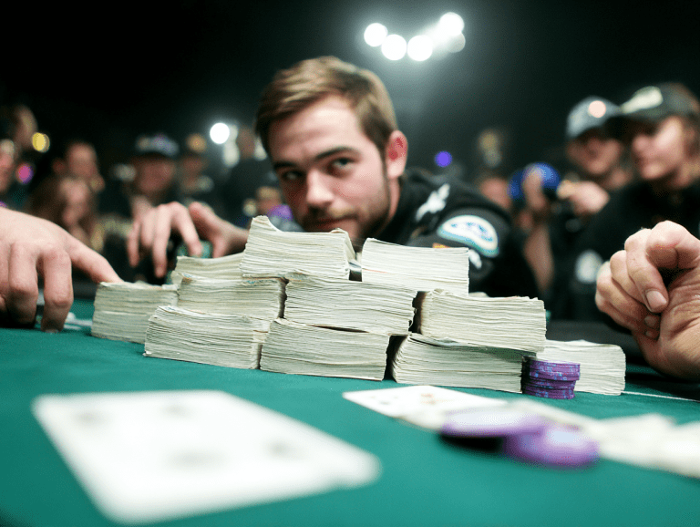 A focused poker player sits behind a towering stack of bundled cash on the table, with purple chips and playing cards in the foreground, while spectators watch the high-stakes moment under bright lights.