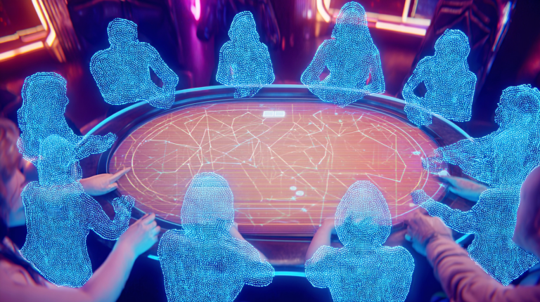 Futuristic digital poker table with glowing holographic players represented by blue dots, symbolizing anonymous online poker gameplay in 2025.
