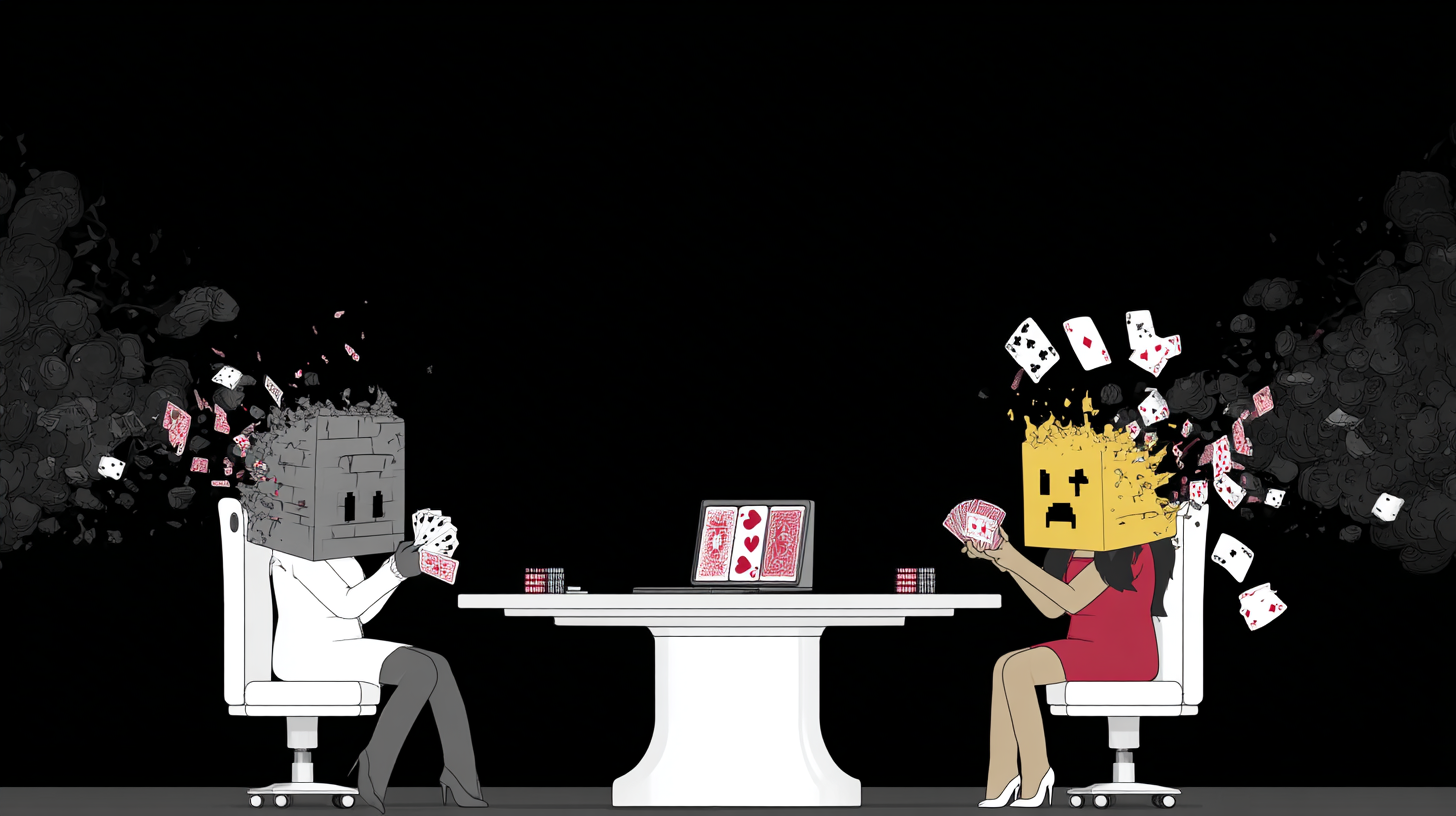 Illustration of two online poker players with block-shaped heads at a digital poker table, cards and chips exploding into smoke, symbolizing digital tells and the psychology of maintaining a poker face in online play.