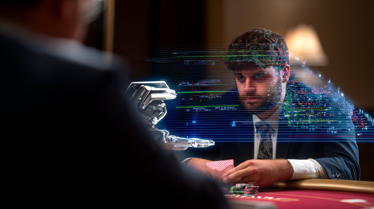 A poker player faces a robotic opponent at a high stakes table while holographic solver style data streams across the scene, symbolizing the clash between human intuition and AI driven poker strategy.