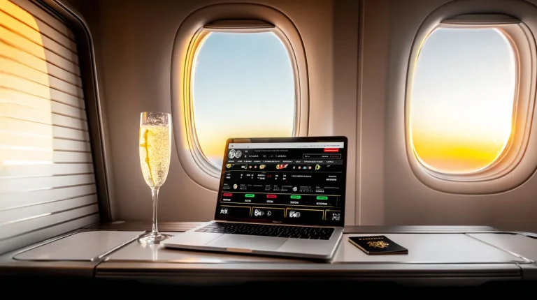 A view from a first-class airplane window seat, showing a laptop open to a poker tournament lobby on the tray table next to a cocktail and passport, with a sunset glowing over the clouds outside.