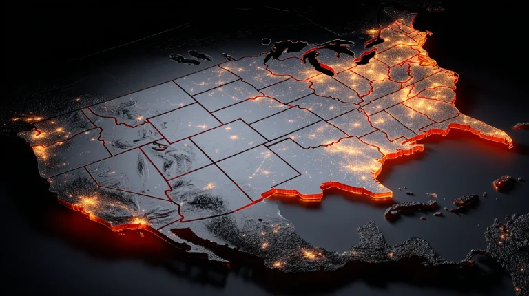A glowing digital map of the United States at night, state borders are dim, but bright orange fiber-optic lines connect players across the ocean to global server hubs, visualizing offshore poker traffic bypassing local restrictions.