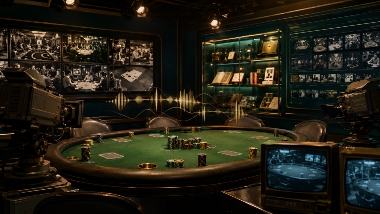 Nostalgic poker broadcast studio with green felt table, face-down cards, chips, vintage cameras, old TV monitors, and subtle soundwave visuals suggesting table talk.