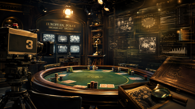 Nostalgic poker TV broadcast studio with green felt table, cards, chips, vintage cameras, old monitors, and modern digital archive panels under warm lights.
