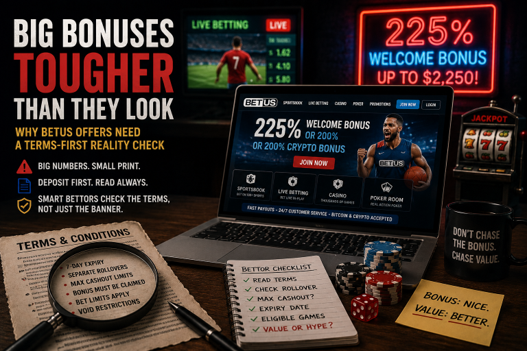 Old-school poker and sportsbook review desk with green felt table, vintage betting screen, poker chips, odds board, casino cards, and a modern analysis checklist.