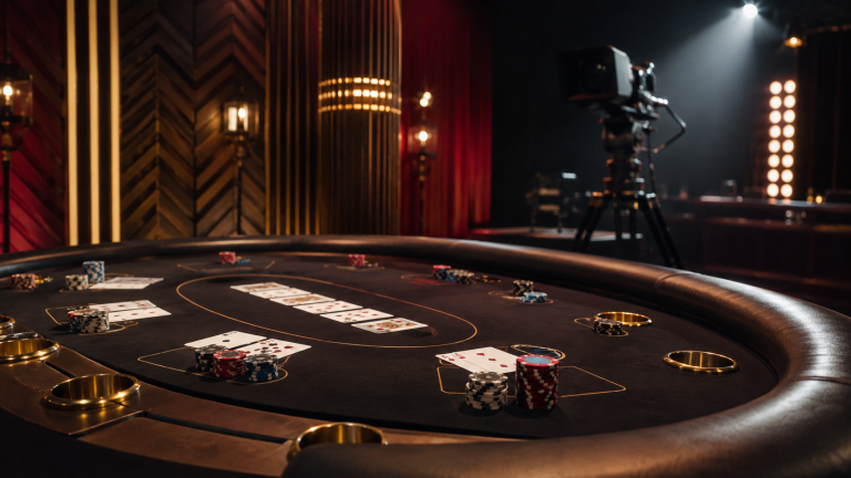 Modern live casino studio table with cards, chips, soft broadcast lighting, and subtle camera equipment, blending live-dealer casino atmosphere with poker broadcast style.